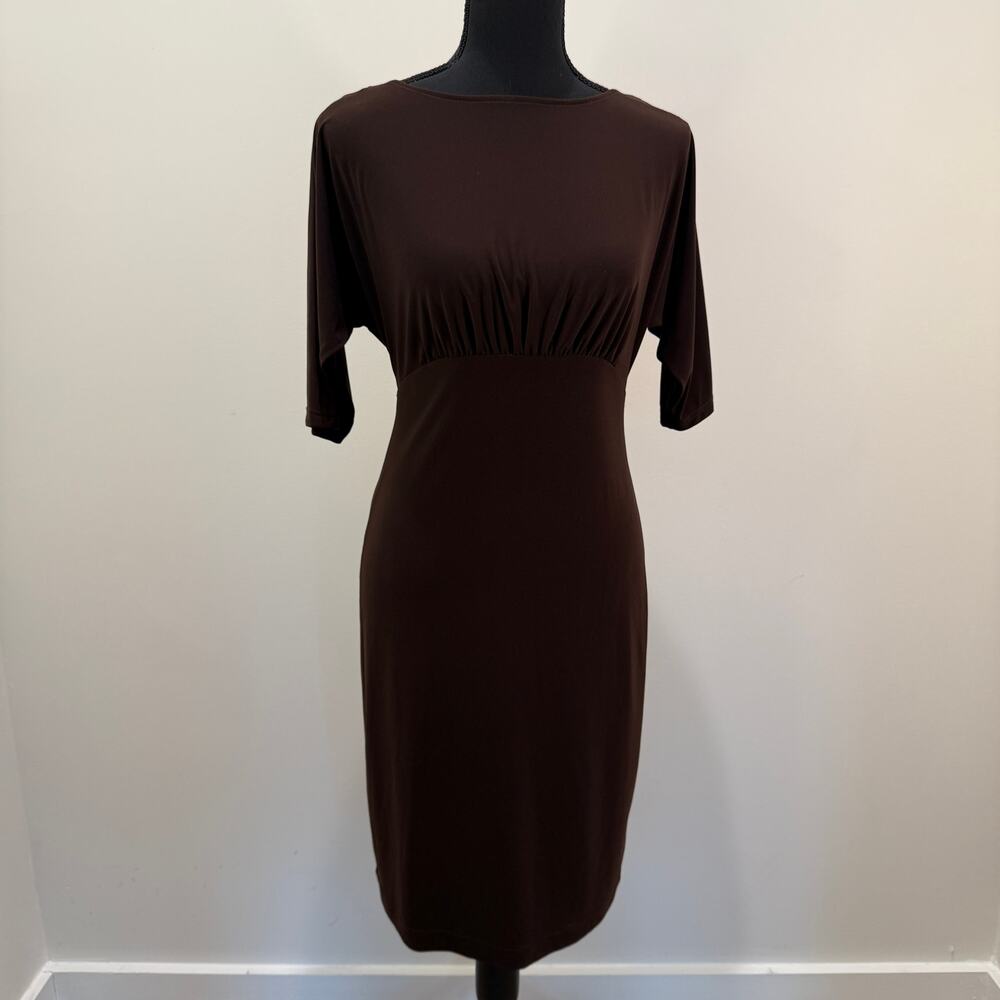 VTG Joseph Ribkoff Dress Size 2 Knee Length Brown Cowl Back Vintage 90s Timeless